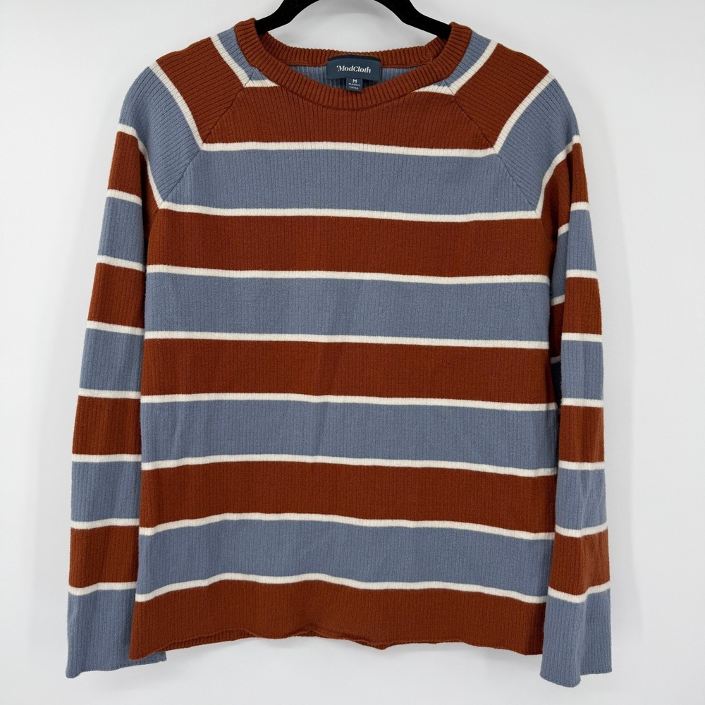 ModCloth Womens Ribbed Knit Striped Sweater Rust Blue White Size M Raglan Sleeve